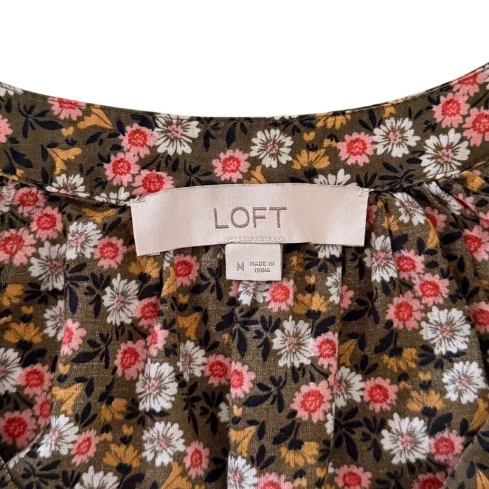 LOFT Olive Green Floral Puff Sleeve Split Tie Neck Cotton Blouse Size Medium